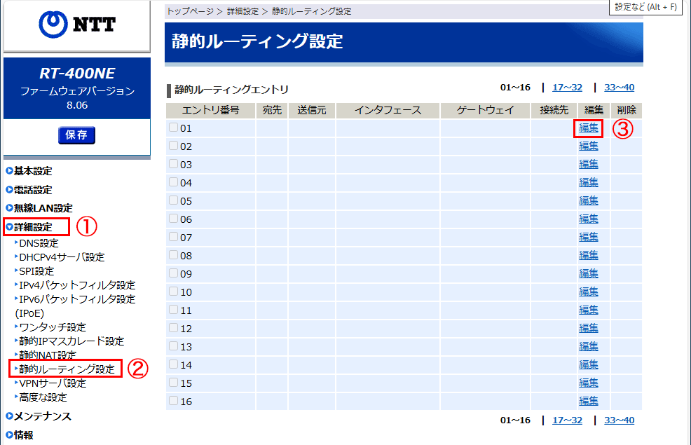 静的ルーティングエントリ